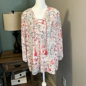 Tahari Floral Lace Up Peasant Blouse Size Medium *Estimated